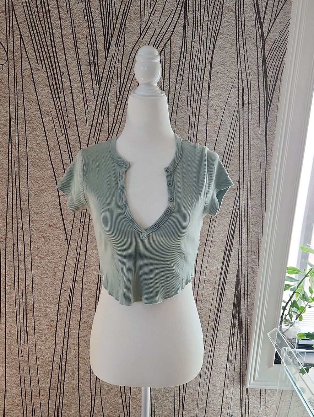 Garage Ribbed Light Green Short Sleeve Crop Top